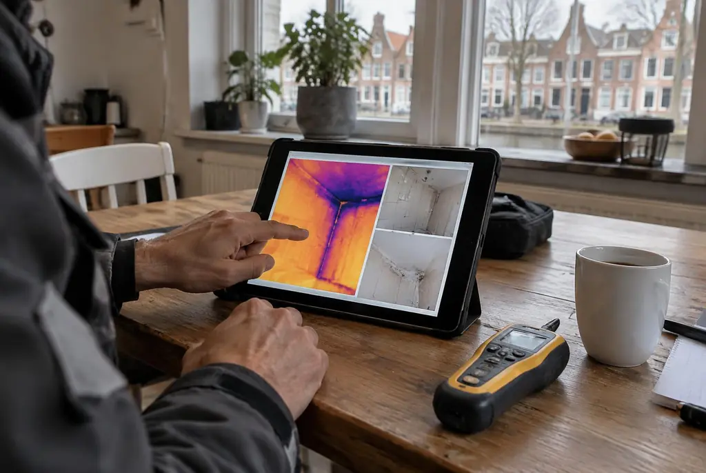 Lekdetectie Maarn – lekdetectierapport met warmtebeelden en foto's op een tablet