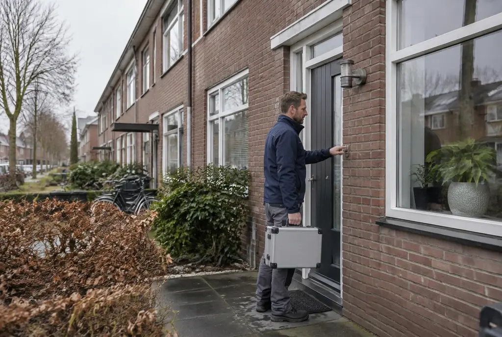 Lekdetectiespecialist met meetkoffer bij de voordeur van een woning in Maarn